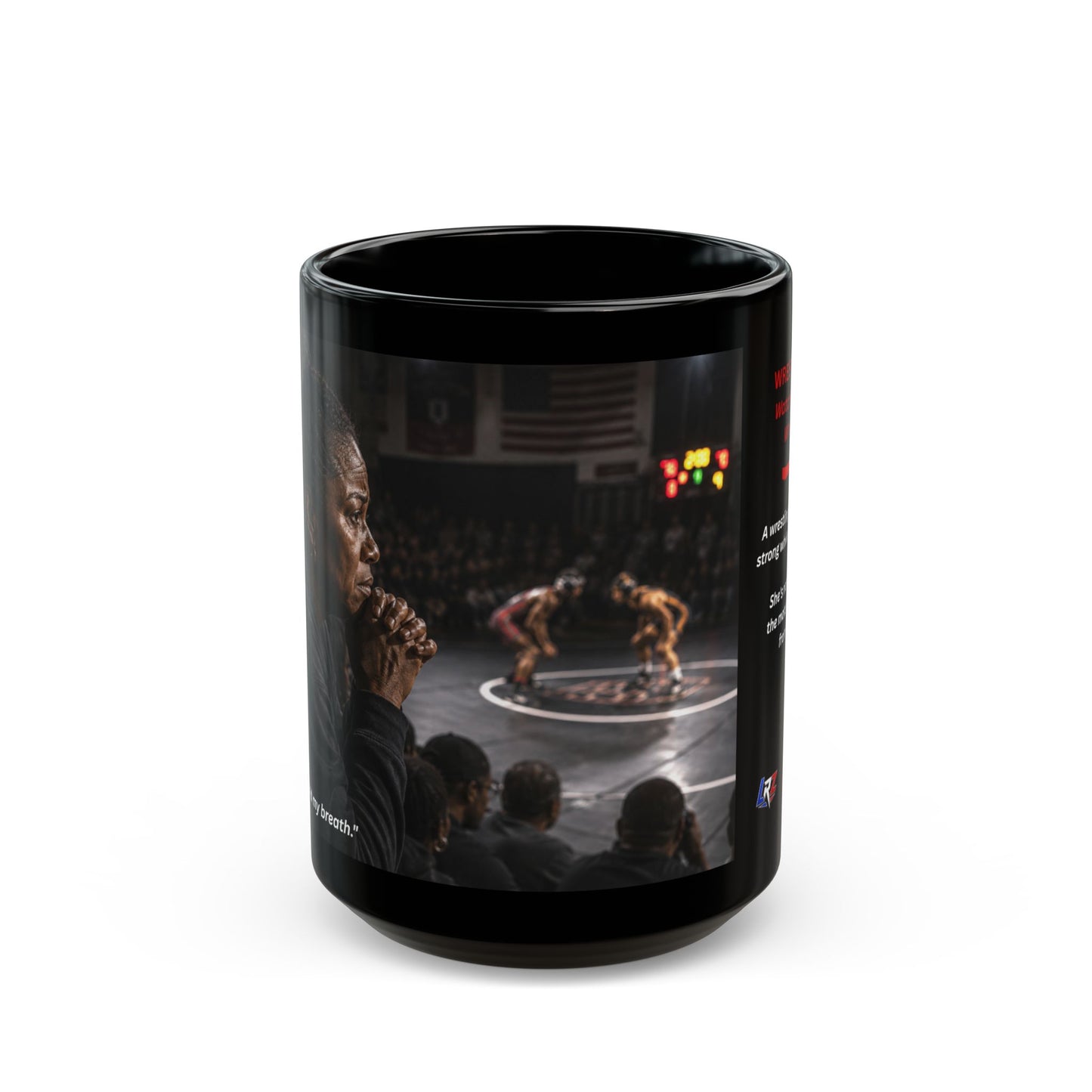 Heritage Edition "WATCHING WITH HER WHOLE HEART™™ 15 oz. Black Ceramic Wrestling Mom Coffee Mug - FREE SHIPPING