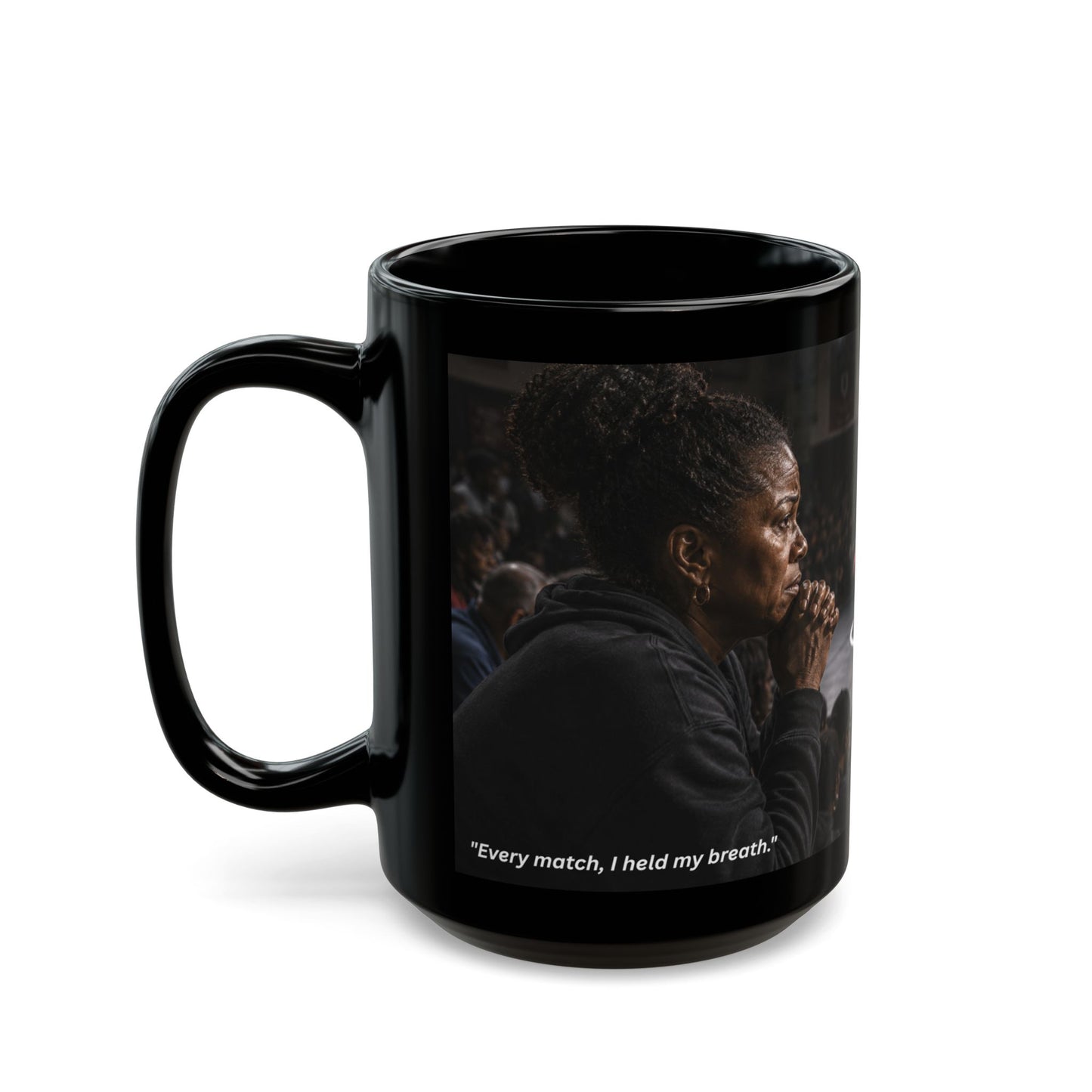 Heritage Edition "WATCHING WITH HER WHOLE HEART™™ 15 oz. Black Ceramic Wrestling Mom Coffee Mug - FREE SHIPPING