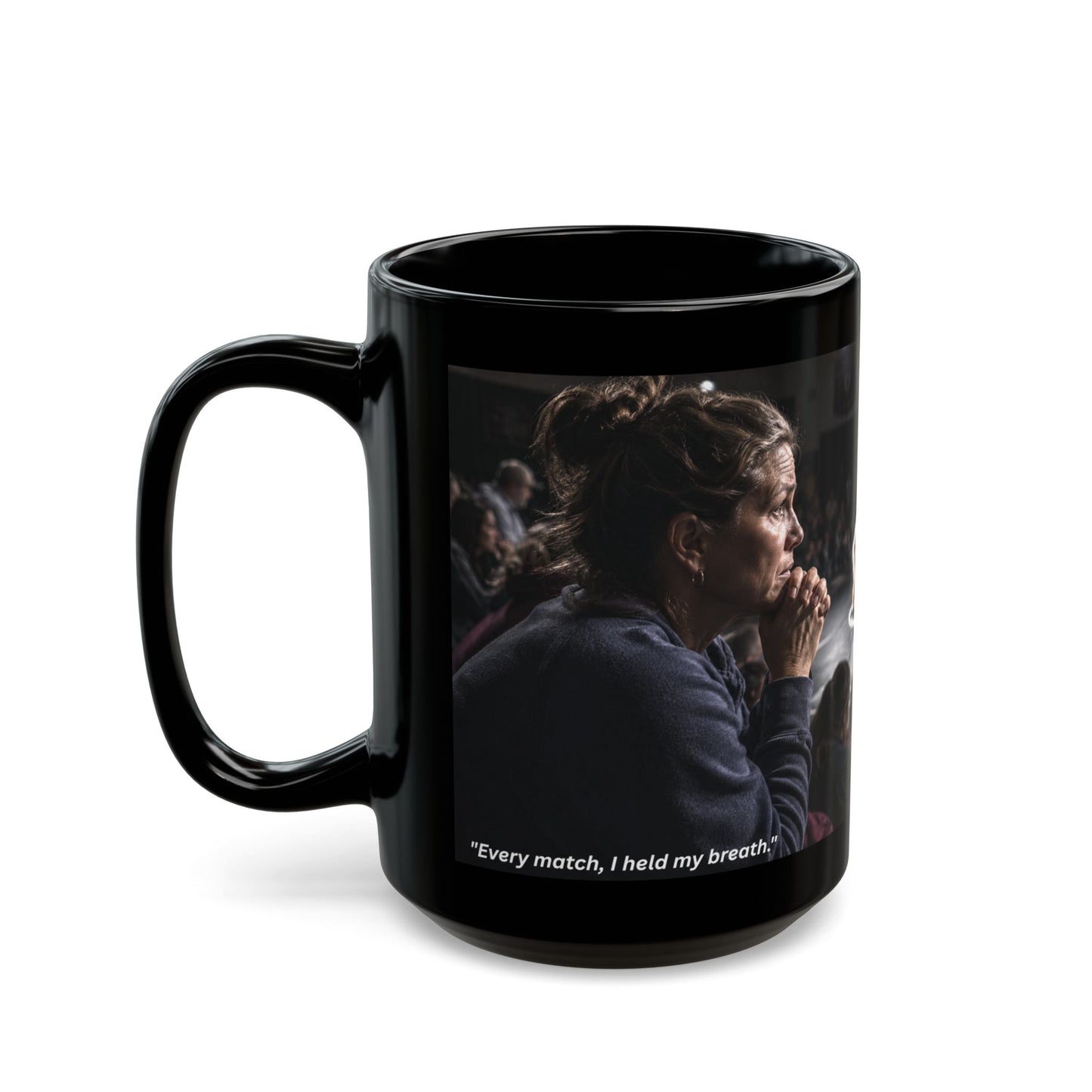 Foundation Edition "WATCHING WITH HER WHOLE HEART™™ 15 oz. Black Ceramic Wrestling Mom Coffee Mug - FREE SHIPPING