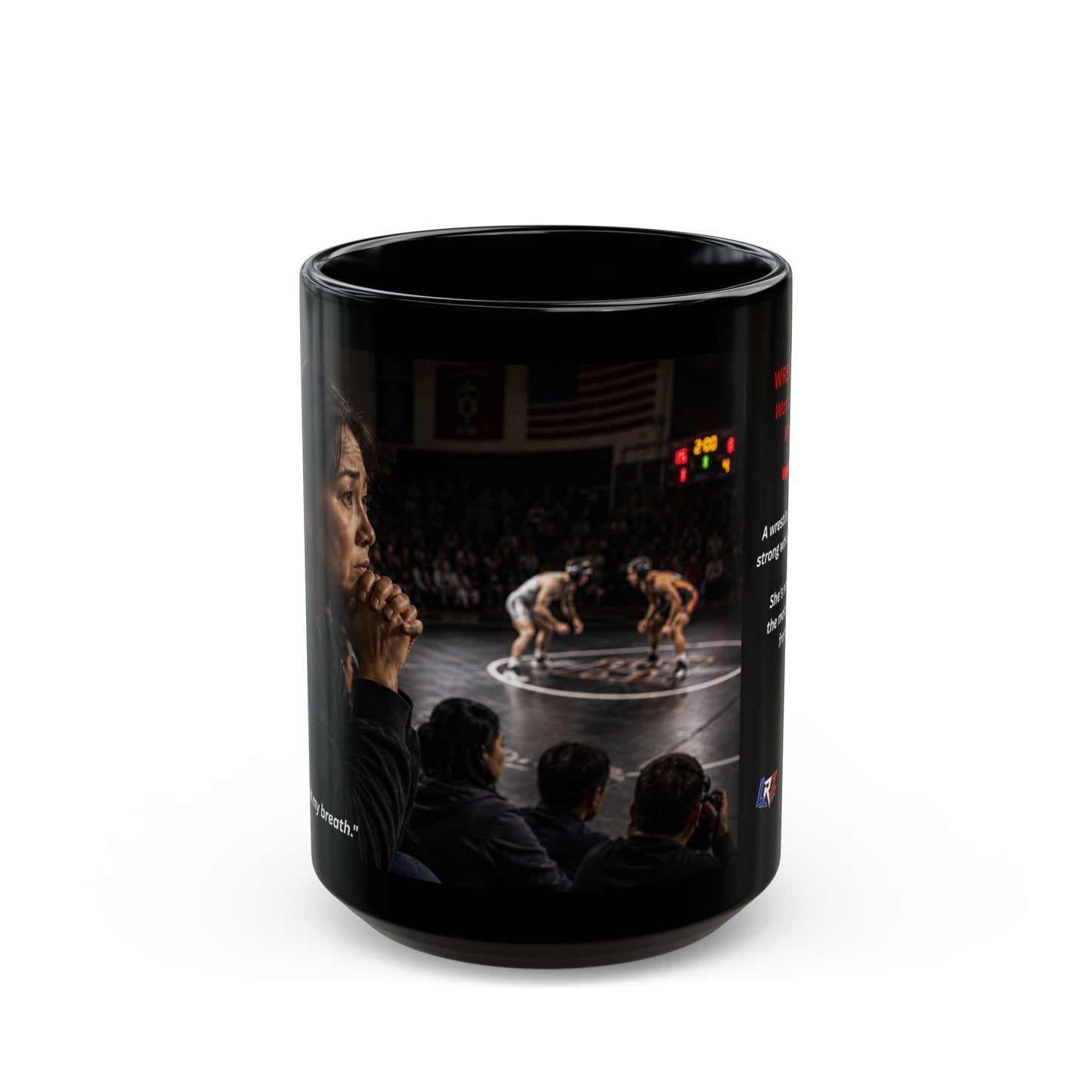 Tradition Edition "WATCHING WITH HER WHOLE HEART™™ 15 oz. Black Ceramic Wrestling Mom Coffee Mug - FREE SHIPPING