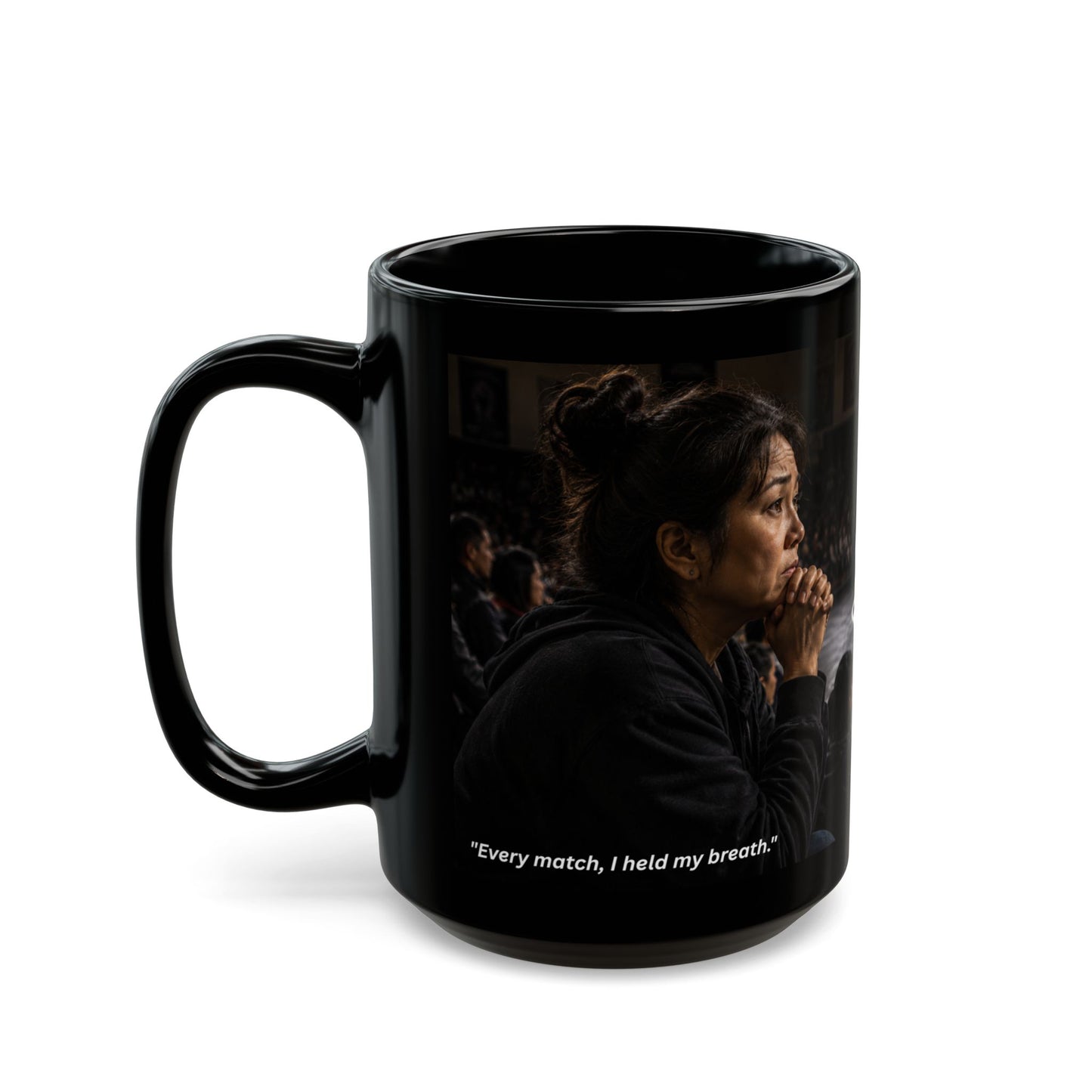 Tradition Edition "WATCHING WITH HER WHOLE HEART™™ 15 oz. Black Ceramic Wrestling Mom Coffee Mug - FREE SHIPPING