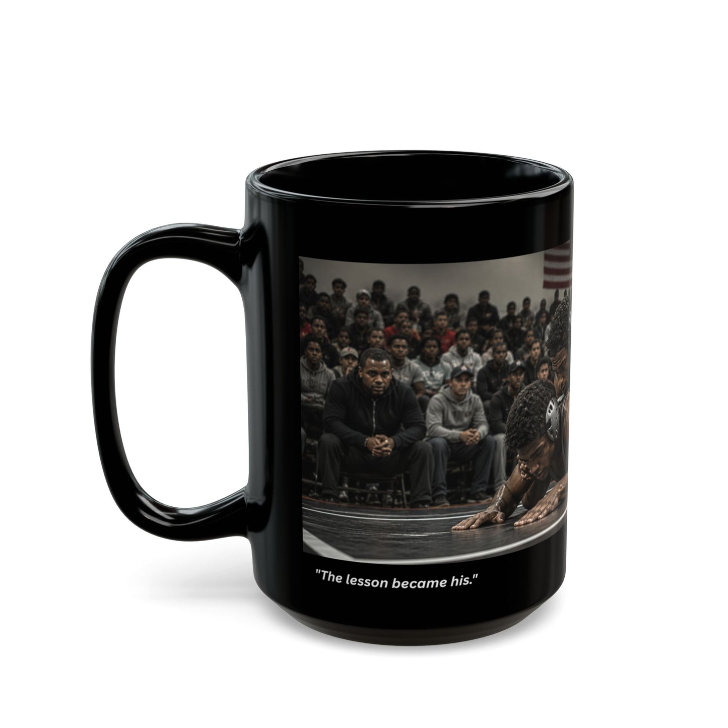 Heritage Edition "SEEING THE LESSON LAND™ 15 oz. Black Ceramic Wrestling Dad Coffee Mug - FREE SHIPPING