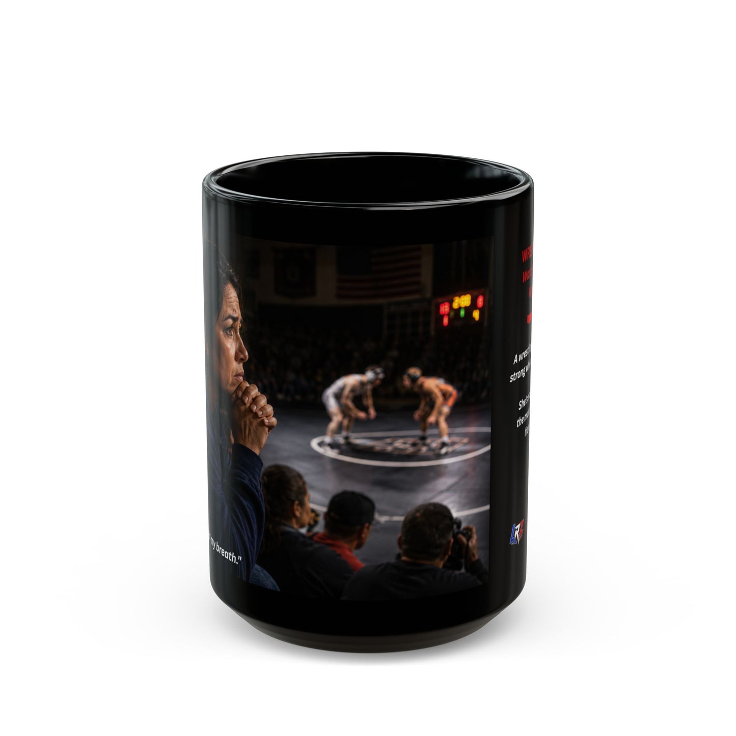 Legacy Edition "WATCHING WITH HER WHOLE HEART™™ 15 oz. Black Ceramic Wrestling Mom Coffee Mug - FREE SHIPPING