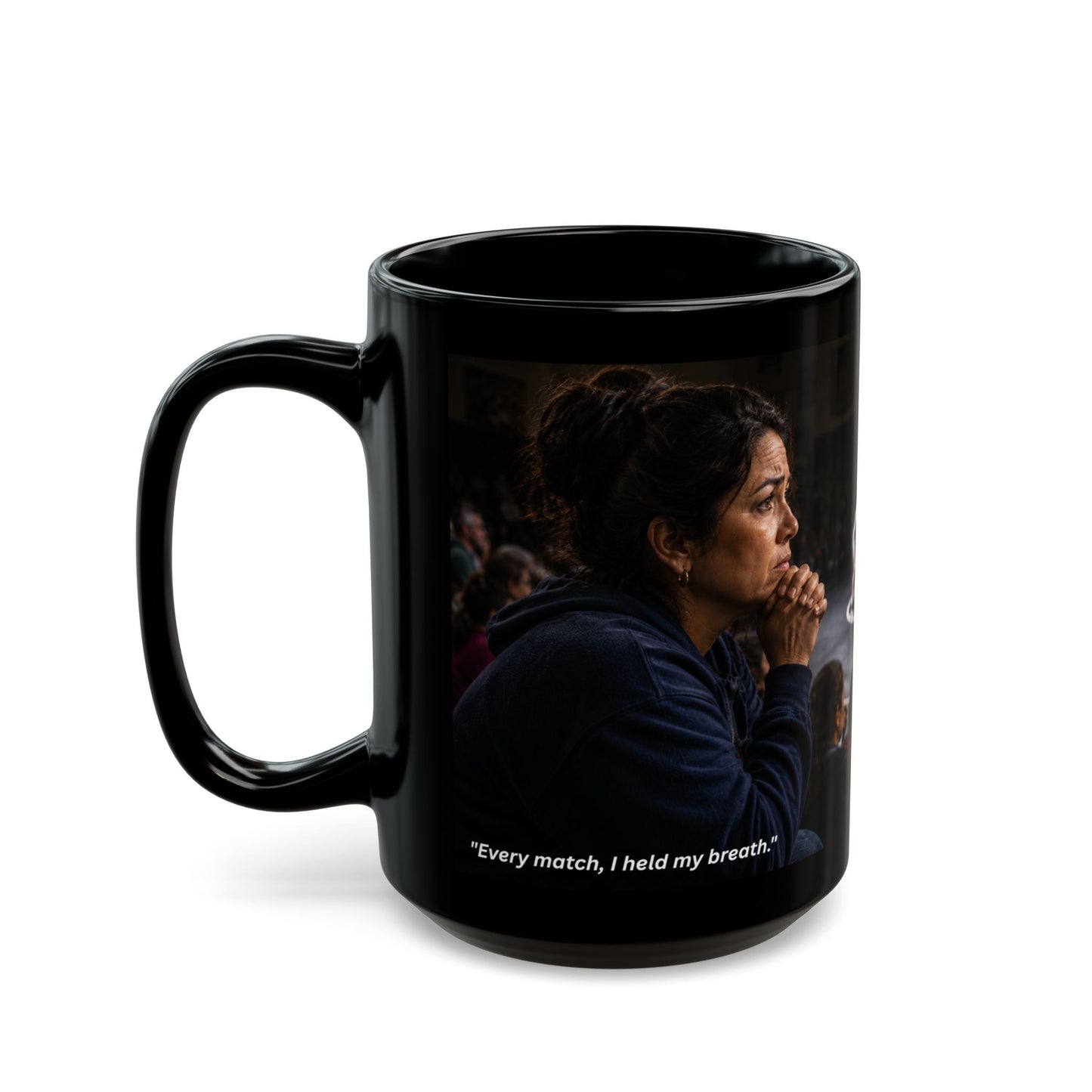 Legacy Edition "WATCHING WITH HER WHOLE HEART™™ 15 oz. Black Ceramic Wrestling Mom Coffee Mug - FREE SHIPPING